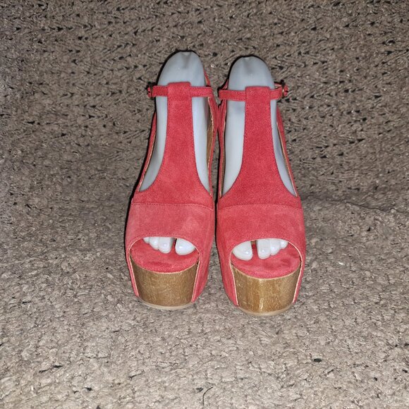 JEFFREY CAMPBELL-Foxy Wood Platform High Heel T-Strap-Red Suede-Sz39/9-Near Mint - Picture 3 of 8